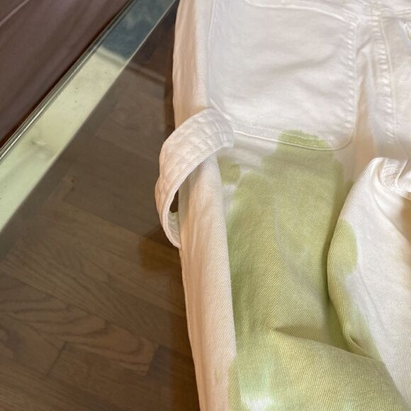 Cream with green tie-dye painter, pants jeans. High waisted, wide leg size 26. - Picture 8 of 14